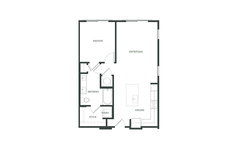 A2 1 bed and 1 bath apartment floorplan at The Catherine
