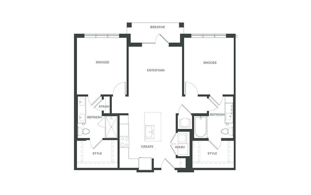 B1 - 2 bedroom floorplan layout with 2 baths and 1057 square feet.