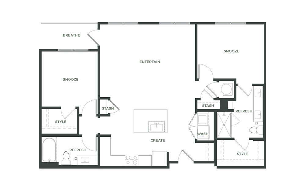 B2 - 2 bedroom floorplan layout with 2 baths and 1170 square feet.