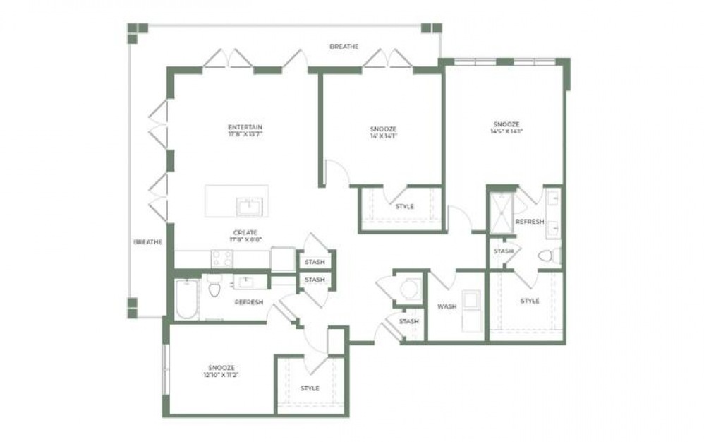 C3 3 bed and 2 bath apartment floorplan at The Catherine
