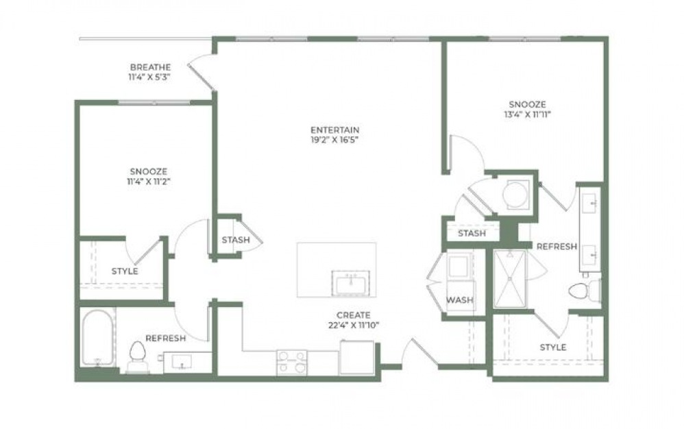 B2 2 bed and 2 bath apartment floorplan at The Catherine